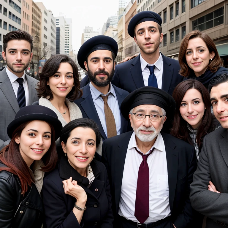 Jew group, in the city, focus on the characters' faces