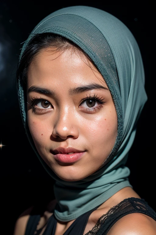 Craft a celestial-themed portrait of a Malay girl in hijab, (smile:0.9), Illuminate the hijab with stars and galaxies, blending the earthly with the cosmic in a mesmerizing and ethereal composition, 8mm, Close-up shot, cool-toned color grading, depth of field, film noir