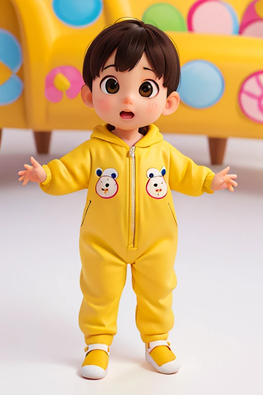 , multiple poses and expression, white background, children's book illustration style, simple, cute and bright colors, 1 yeararing yellow onesie, perfect quality, clear focus (Clutter-House: 0.8), (work by art: 1.2) (realistic: 1.2) (Bokeh) (Best quality) (detailed skin: 1.3) (intricate details) (8k) (Detailed eyes) (sharp focus), (happy)