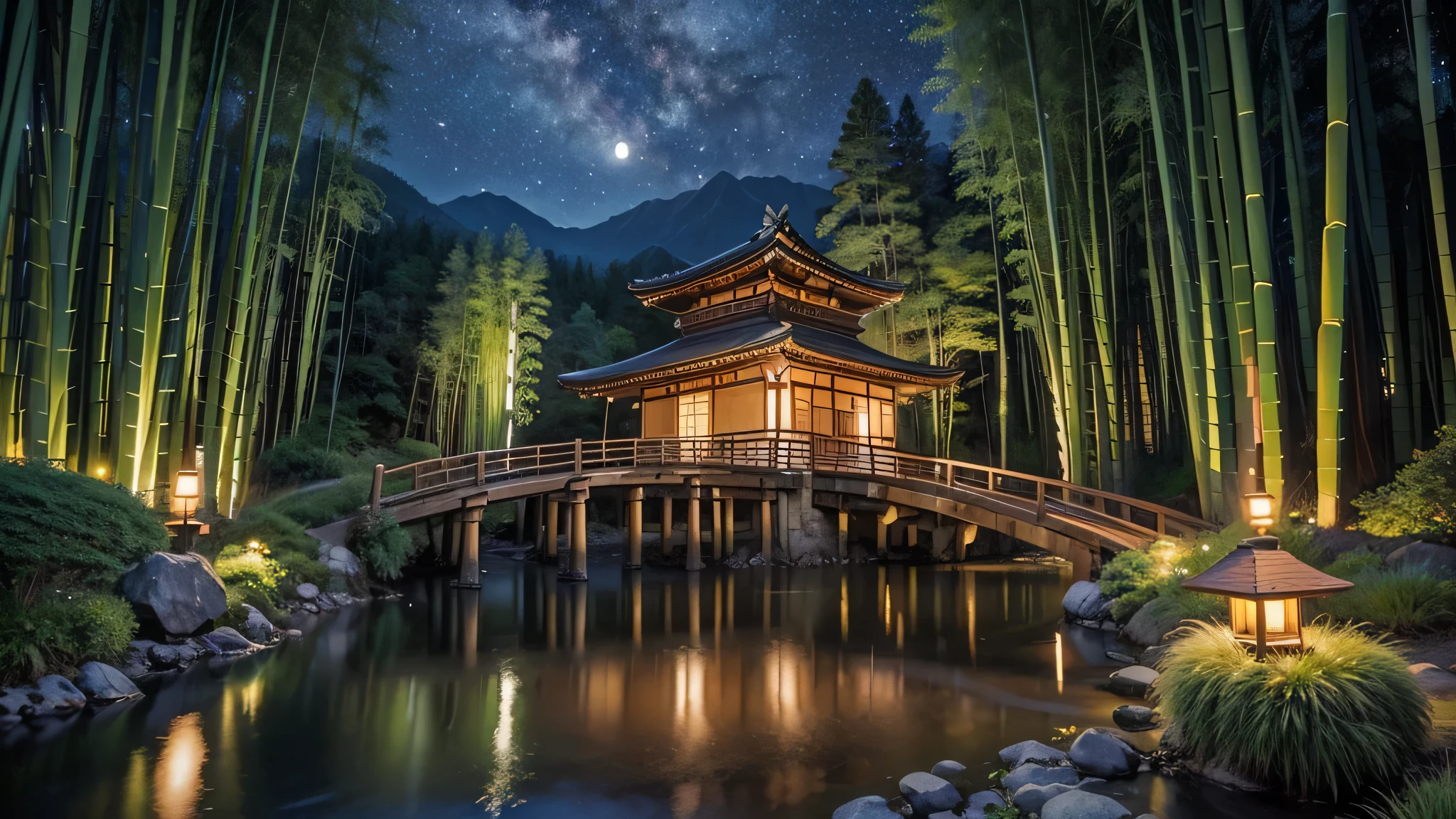 Masterpiece, upper right bamboo thicket, upper right woman wearing a kimono, 18 year old beautiful woman, starry sky, moon, bamboo, deep view, many stars, night view, simple old folk house, mountain, river, bridge, magic tree , Valley of Fantasy, Bamboo Forest, Magical World, Colorful and Detailed Dream Landscape, Beautiful and Detailed Fantasy, Flowers