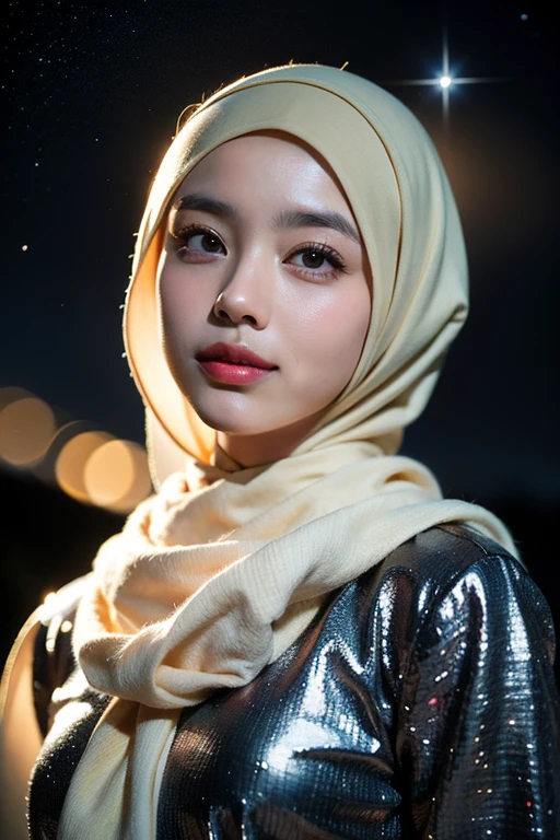 Best quality, masterpiece, ultra high res, (photorealistic:1.4), raw photo, 1girl, detailed hijab, detailed eyes and face, black sweater, dynamic lighting, in the dark, deep shadow, low key, cowboy shot