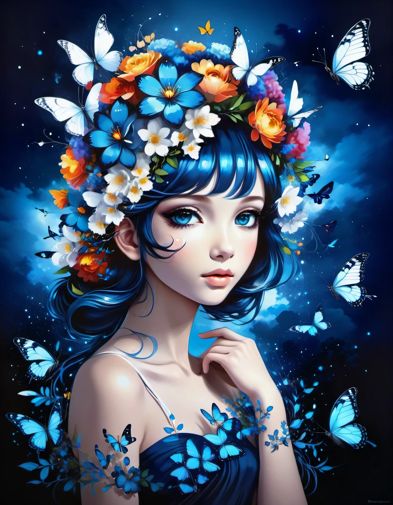 beautiful picture of a girl with vibrant flowers on her head, dark sky-blue and dark navy, dark sky-blue and dark white, realistic, photo effects, luminous shadowing, anime-inspired, elegant outlines, magic butterflies