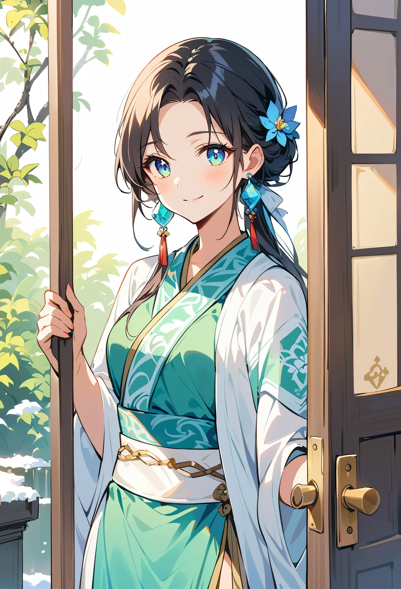 Elegant and intellectual Chinese classical women, Wearing a bellyband, stand at the door，with a smile on face, Her skin is more radiant than snow, Her eyes are like clear water. There is a light bookish smell.
