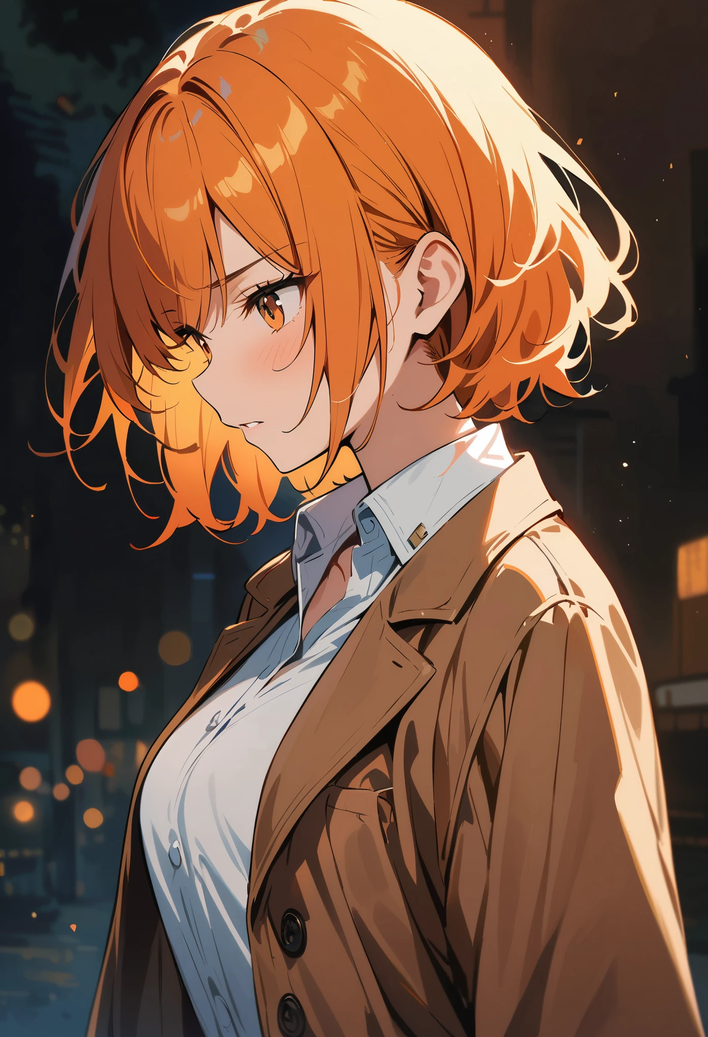 (masterpiece:1.4), (best quality:1.2), song, 1 girl, White shirt, brown jacket, orange hair, Upper body