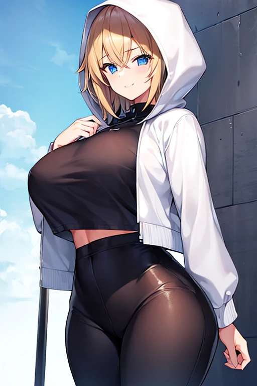1girl, hood, jacket, hooded jacket, hood on, hood up, blonde hair, large breasts, breasts, wide hips, thick thighs, hourglass figure, white jacket, black shirt, shirt, very short hair, pants, black pants, smile, toned, toned female, urban, mature female, tall, tall female, tomboy, cropped jacket, ((cropped jacket))