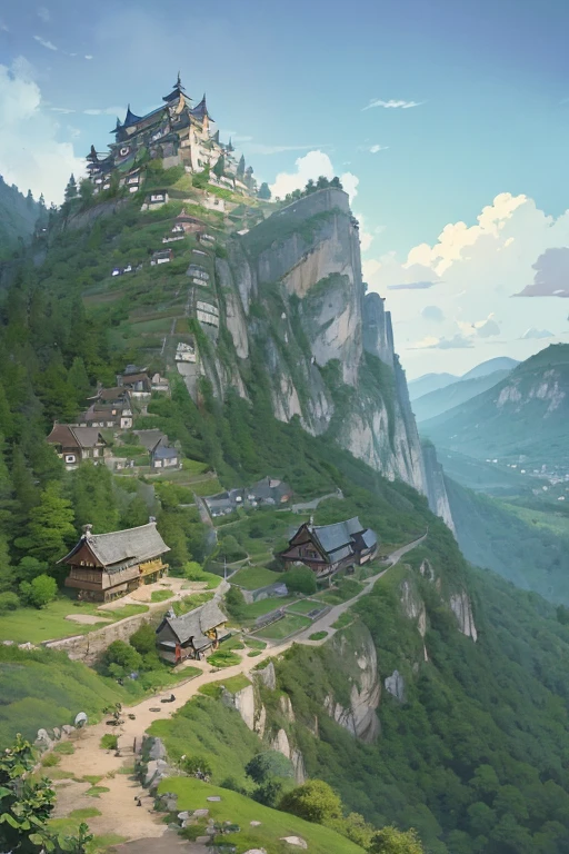 big fantasy (((Cottagecore))) town up on the mountain, thatched roofs, early medieval, overpopulated town on a rocky cliff, tightly packed houses, narrow passages, tight spaces, clustered settlement, ((Ghibli style))