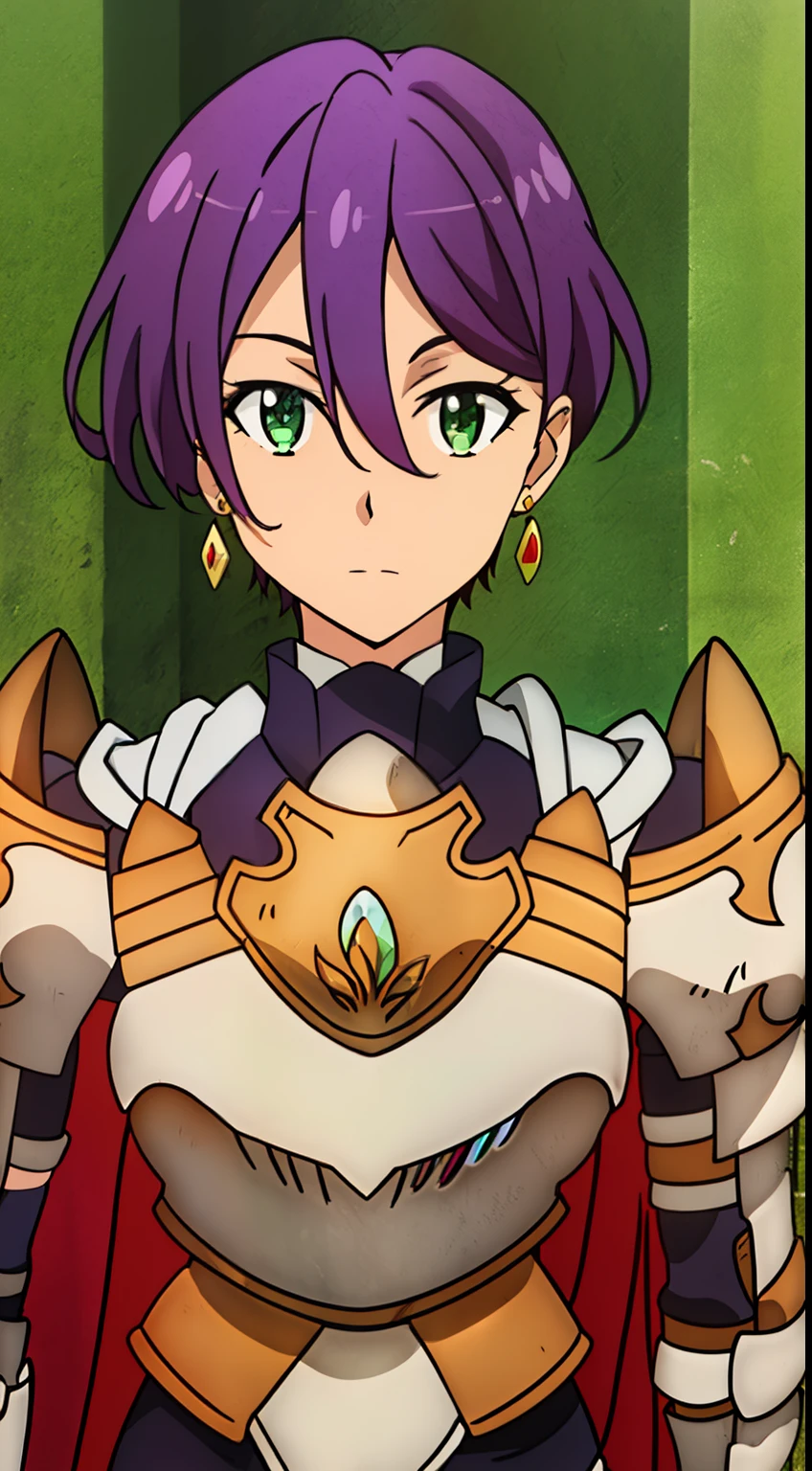 1 girl, one person in, looking for_in_viewer, short_hair, green_eye, hair_between_eye, jewelry, closed_mouth, upper_body, purple_hair, earrings, cape, armor, shoulder_armor, gauntlet, pauldron, Severe,  knight,