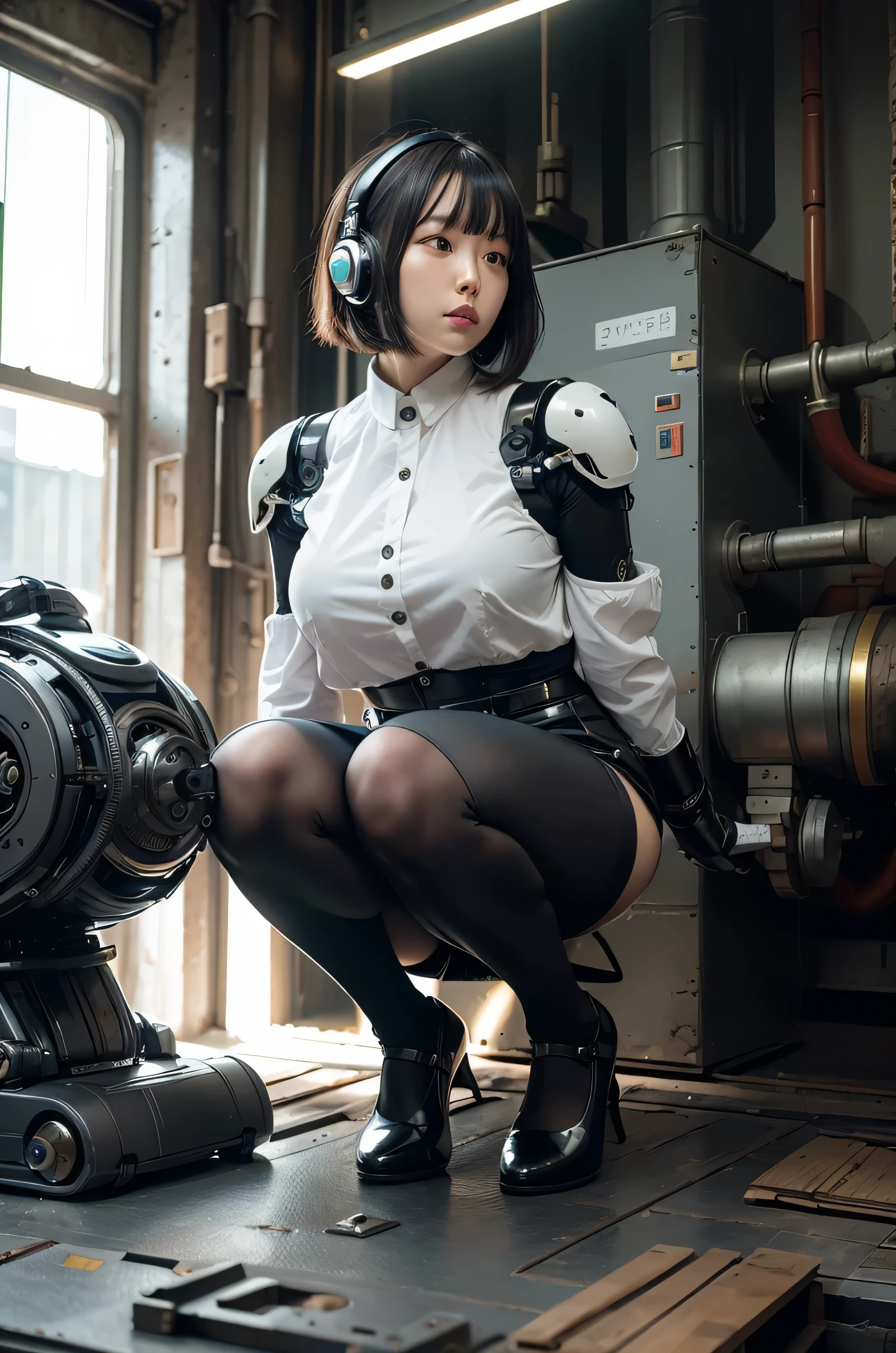 masterpiece, Best Quality, Extremely detailed, 8K Portrait,Japanese android girl,Plump ,control panels,android,Droid,Mechanical Hand, ,perfect robot woman,Robot arms and legs, Black hair,Mechanical body,white robot body,Blunt bangs,Charging spot,She is charging now, mechanical ear covers,android,robot humanoid,black short pants,darkblack tights,She has disassembled,scrap yard