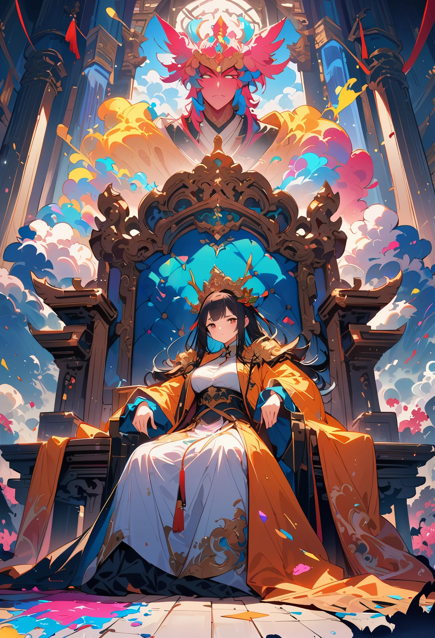 in real scenarios, Chinese palace above the clouds, In the main hall of the palace, emperor sitting on throne, Wearing luxurious costumes,majestic face. Surrounded by concubines, The craftsmen kneeling before them, Gorgeous, glazed tiles, Colorful light, (((splash ink)), ((splash ink}), masterpiece, high quality, Beautiful graphics, high detail: