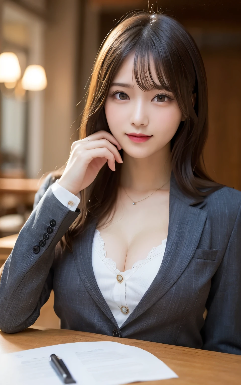table top, highest quality, figure, Super detailed, finely, High resolution, 8k wallpaper, 完璧なダイナミックな構figure, detailed and beautiful eyes, Sexy下着,bob hair, middle of chest, natural color lip, ランダムでSexyポーズ,smile,20 year old girl、Huge 、suit、suitジャケット、Sexy、nipple,Cowgirl