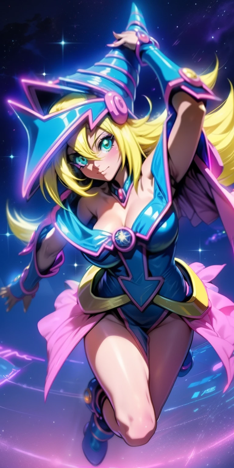 Mujer preciosa dark magician girl ( neon cyberpunk ), The neon sings, neon lighting, RTX chica maga oscura iluminando volando en el aire. Encima de la ciudad a media noches. Luna llena. Cielos de estrellas. Mago oscuro volando