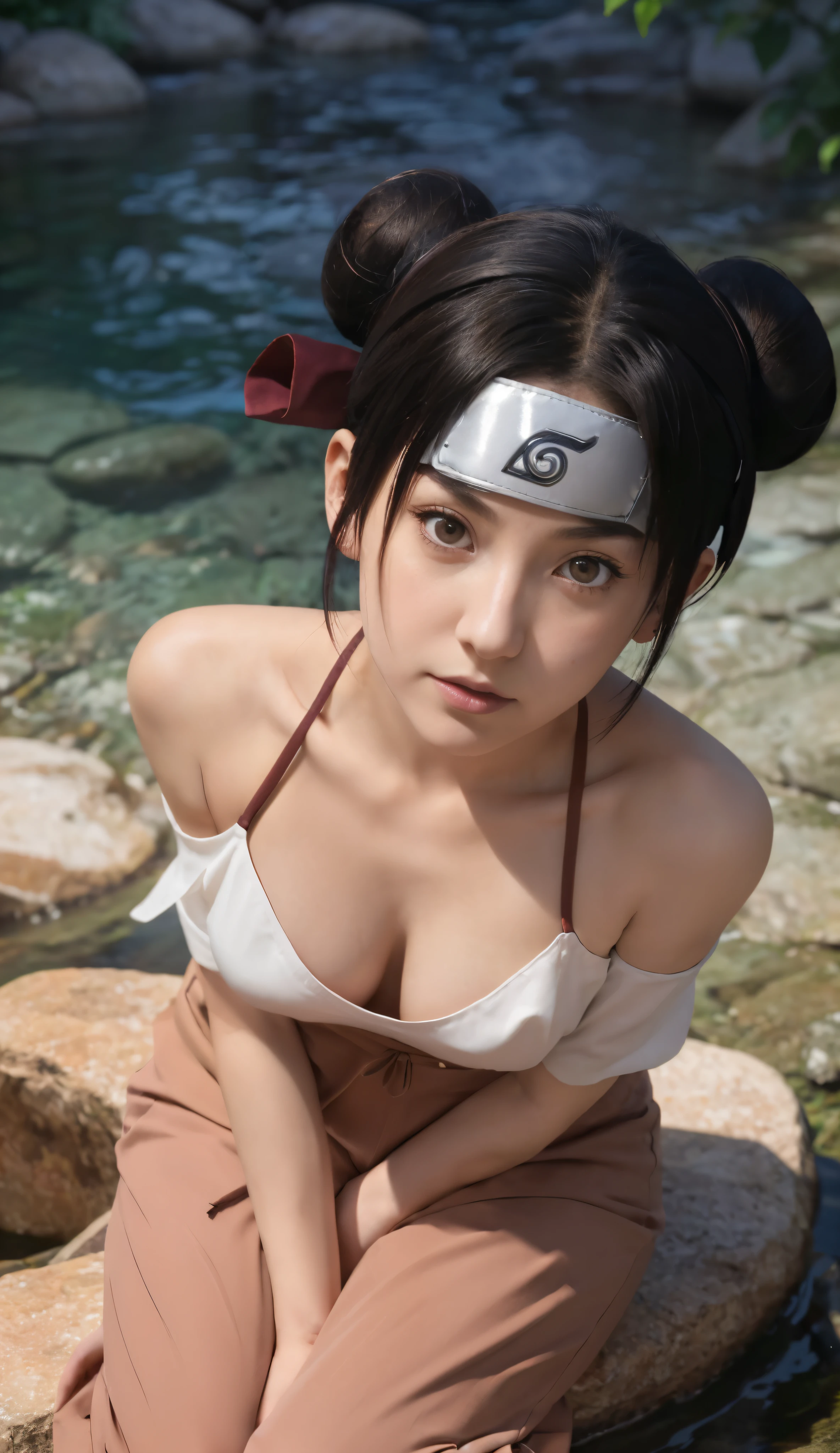 Tenten from anime naruto \(series\), naruto shippuuden, anime art style, masterpiece, An animated character with a ninja headband bearing a konohagakure symbol. She has dark hair styled in two buns on top and a short ponytail in the back. Her eyes are brown, and she has a fair complexion. She wears a loose white blouse with rolled-up sleeves and brown wristbands, paired with a high-waisted dark red pants. The character is standing beside a body of water with rocks and foliage in the background, glancing over her shoulder with a serene expression, breasts, cosplay, real person, real life,, (ultra detailed), (8k, intricate), (85mm), light particles, lighting, full body, (highly detailed:1.2), breast focus, (gradients), sfw, colorful, (detailed background), (rule of third_composition:1.3), (Line of action:1.2), daylight, solo