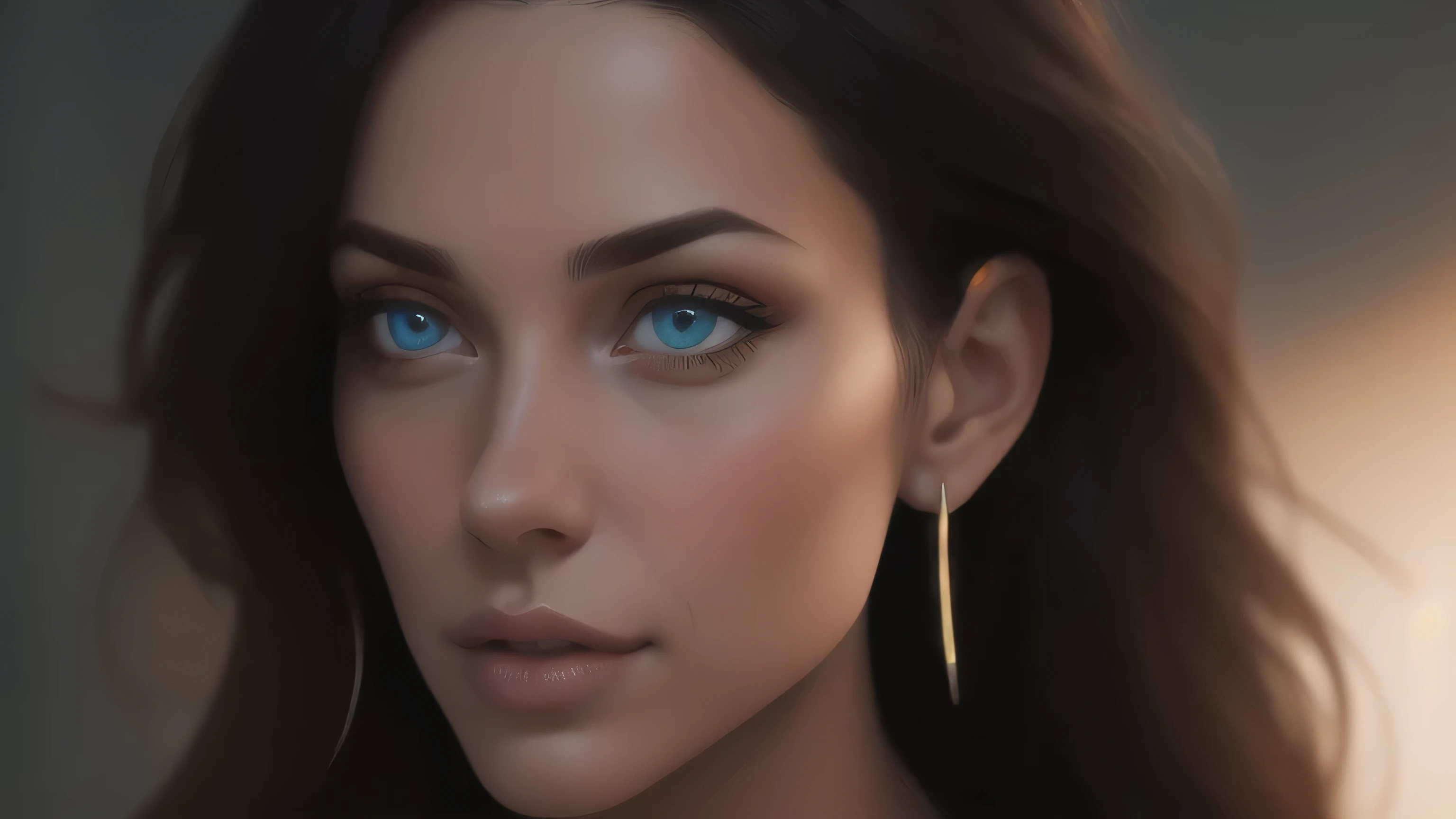 arafed image of a woman with long hair and big earrings, soft portrait shot 8 k, photorealistic beautiful face, cinematic beautiful natural skin, beautiful photorealistic imagery, ultra realistic digital painting, natural skin tone 4k textures, photorealistic digital painting, perfect photorealistic eyes, realistic face moody lighting, close up portrait shot, portrait. 8 k high definition