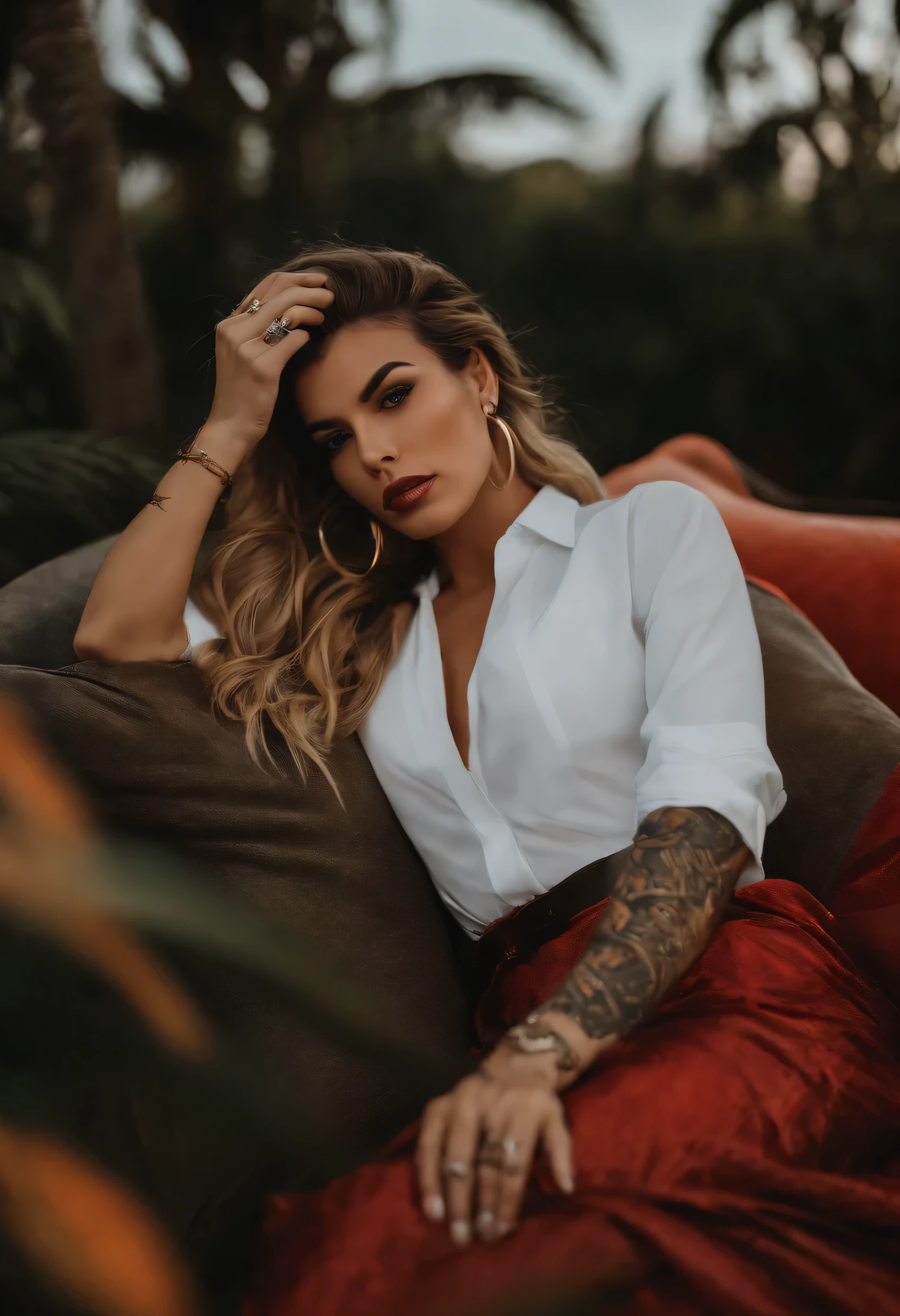 a woman red lipstick, full body, laying on bed, shot, supermodel body, big cup, sexy clothes covered arm blonde hair with black roots, looks like fabiula nascimento, fernanda suarez, lorena avarez, marischa becker, malika favre, caroline gariba, tanny skin, by Emerson Silva, andrea rocha, alanis guillen, inked, with tattoos, brazilan supermodel