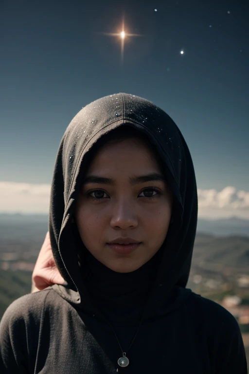 Craft a celestial-themed portrait of a Malay girl in hijab, (smile:0.8), Illuminate the hijab with stars and galaxies, blending the earthly with the cosmic in a mesmerizing and ethereal composition, 8mm, Close-up shot, cool-toned color grading, depth of field, film noir