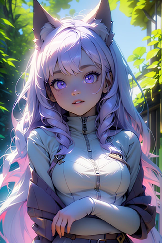 A cute chibi character of a wolf girl with purple hair, in a vibrant digital art style. The girl has big, mesmerizing purple eyes that sparkle with life. Her facial features are beautifully detailed, with perfectly shaped lips and delicate eyelashes. She is dressed in a stylish outfit with a wolf hoodie, showcasing her love for animals. The scene is set in a lush forest, with colorful flowers and tall trees surrounding the girl. The sunlight filters through the leaves, casting a warm and enchanting glow. Butterflies flutter around her, adding a touch of whimsy to the atmosphere. The artwork is of the highest quality, with ultra-detailed rendering and sharp focus. The colors are vivid and saturated, creating a visually stunning image. The artwork has a realistic and photorealistic style, bringing the wolf girl to life in a way that feels almost tangible. The color palette for this artwork is centered around various shades of purple, creating a dreamy and magical atmosphere. The lighting is soft and diffused, accentuating the girl's features and adding depth to the scene. Overall, this prompt captures the essence of a chibi wolf girl with purple hair, showcasing her adorable charm in a vibrant and enchanting forest setting. The high-quality artwork and attention to detail ensure a masterpiece that will truly captivate the viewers.