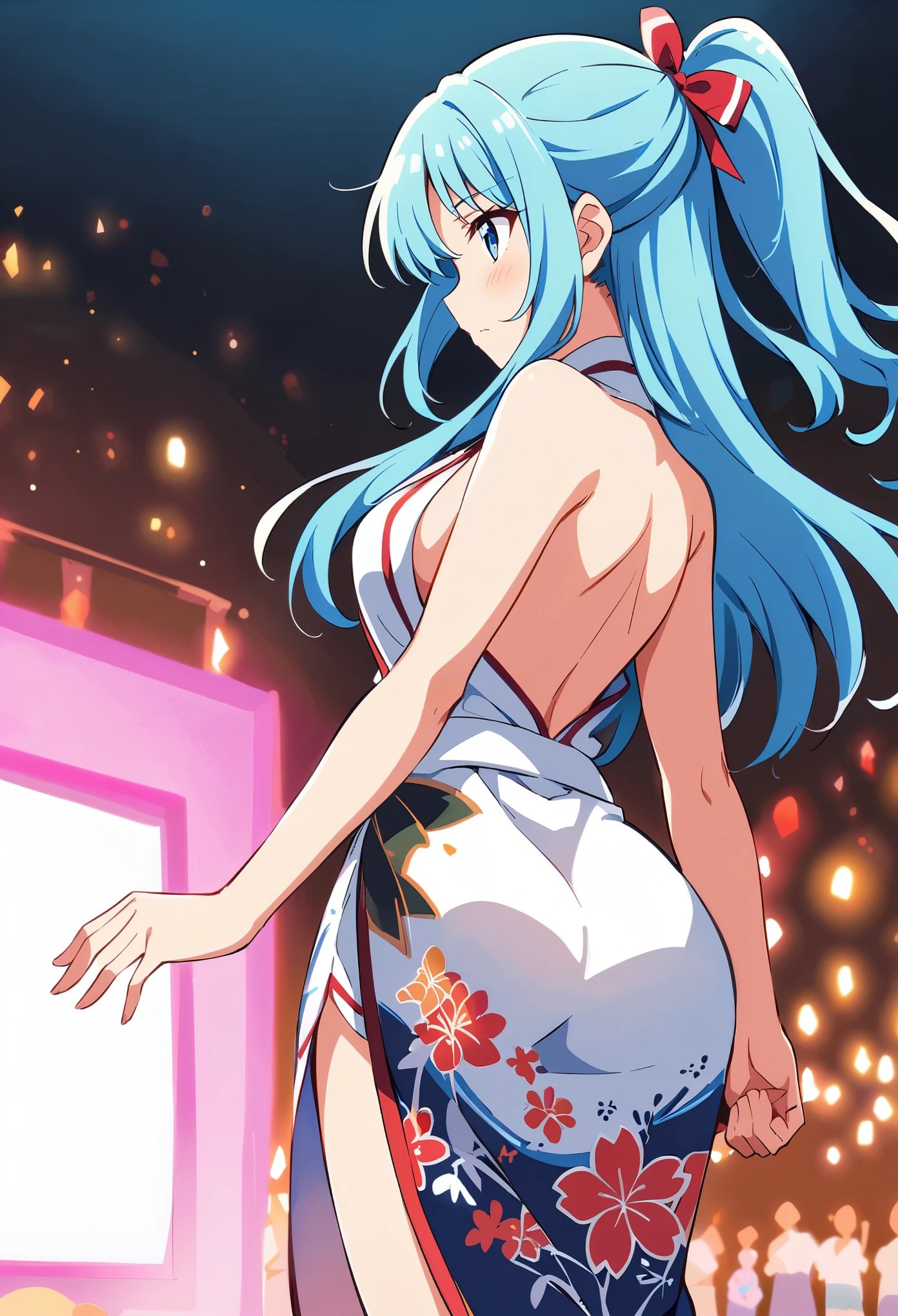 anime high school girl, Put on a sexy kimono, short kimono, bare arms, Bare back, bare shoulders, walk, long hair, light blue hair, look at the audience, blue eyes