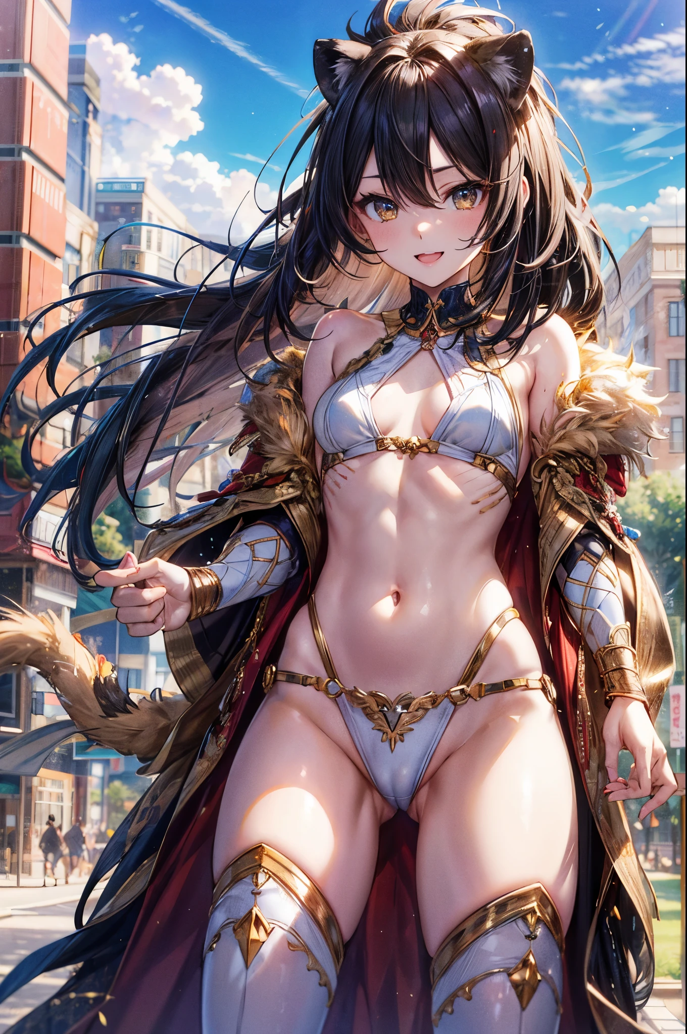 ((riding a lion)), ((4 defined fingers)), ((1 defined thumb)), (looking at viewer), break, sexy, ((solo)), (1 woman), ((25 years old)), ((highest quality)), ((masterpiece)), (familiar), skindentation, perfect face, 8k , break, long hair, (((black hair1.5))), straight hair, black eye, beautiful princess, smile, thin thighs, ((small breasts)), perfect limbs, , (visible nipples:0.6), (camel toe:0.4), sexy, (The background is the savannah), Blue sky,