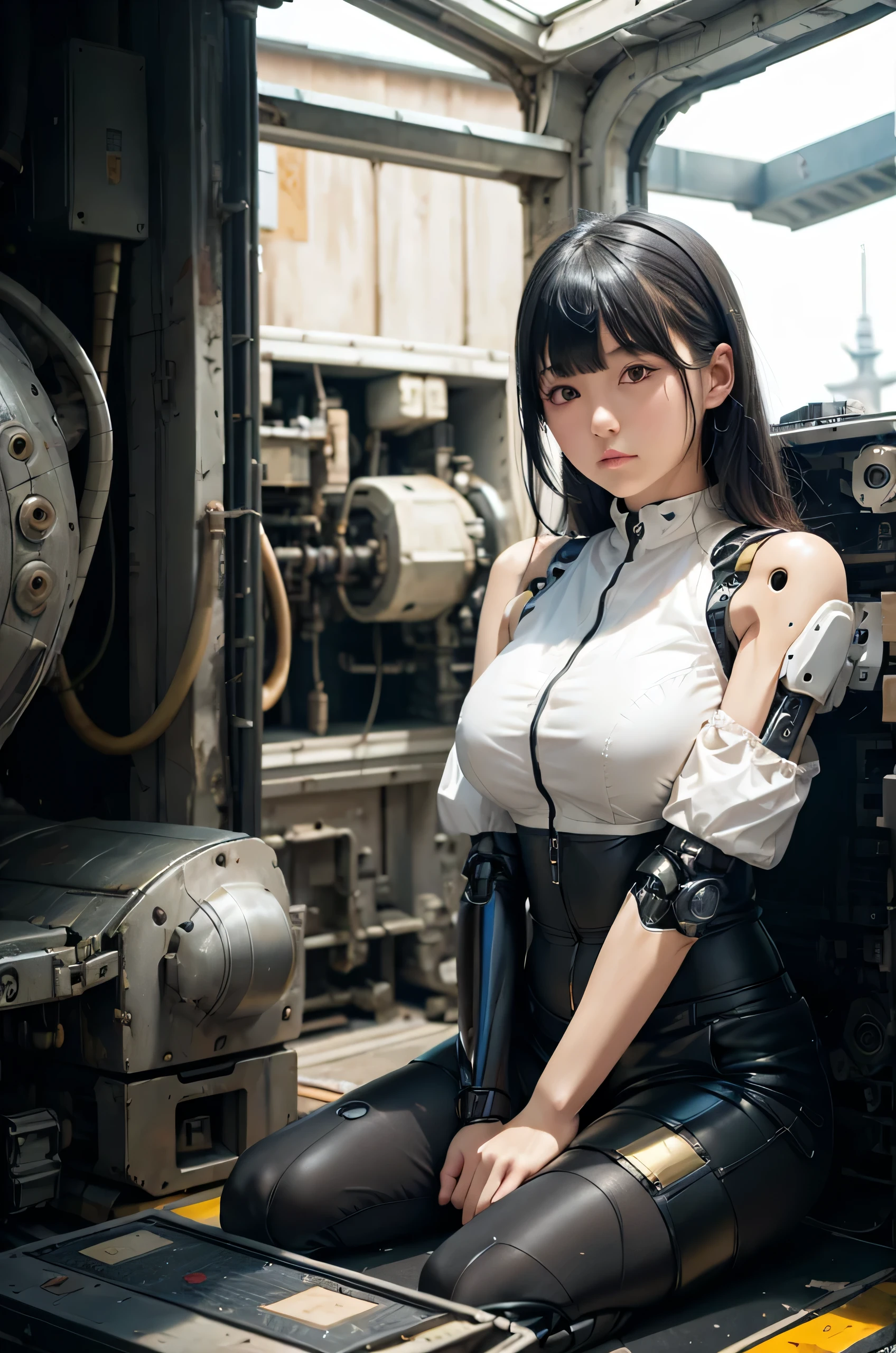 masterpiece, Best Quality, Extremely detailed, 8K Portrait,Japanese android girl,Plump ,control panels,android,Droid,Mechanical Hand, ,perfect robot woman,Robot arms and legs, Black hair,Mechanical body,white robot body,Blunt bangs,Charging spot,She is charging now, mechanical ear covers,android,robot humanoid,black short pants,darkblack tights,She has disassembled,scrap yard