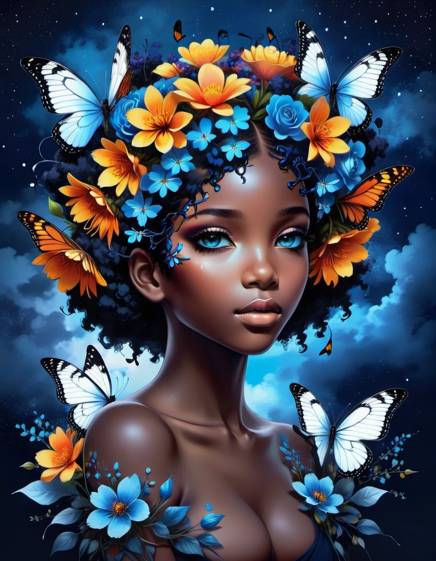 beautiful picture of a black girl with vibrant flowers on her head, dark sky-blue and dark navy, dark sky-blue and dark white, realistic, photo effects, luminous shadowing, anime-inspired, elegant outlines, magic butterflies