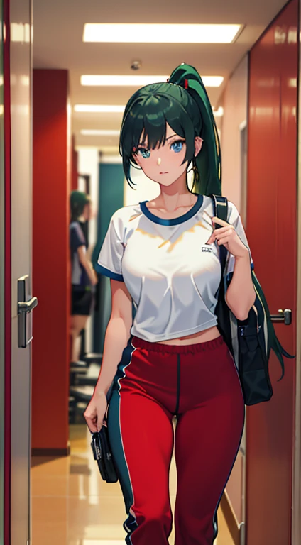 A hot female student with dark green long pony-tail hair and blue eyes in in gym shirt with red track pants, background is a hallway in a ship LEANING on a wall