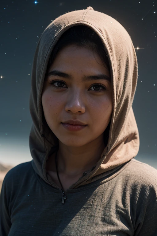 Craft a celestial-themed portrait of a Malay girl in hijab, (smile:0.8), Illuminate the hijab with stars and galaxies, blending the earthly with the cosmic in a mesmerizing and ethereal composition, 8mm, Close-up shot, cool-toned color grading, depth of field, film noir