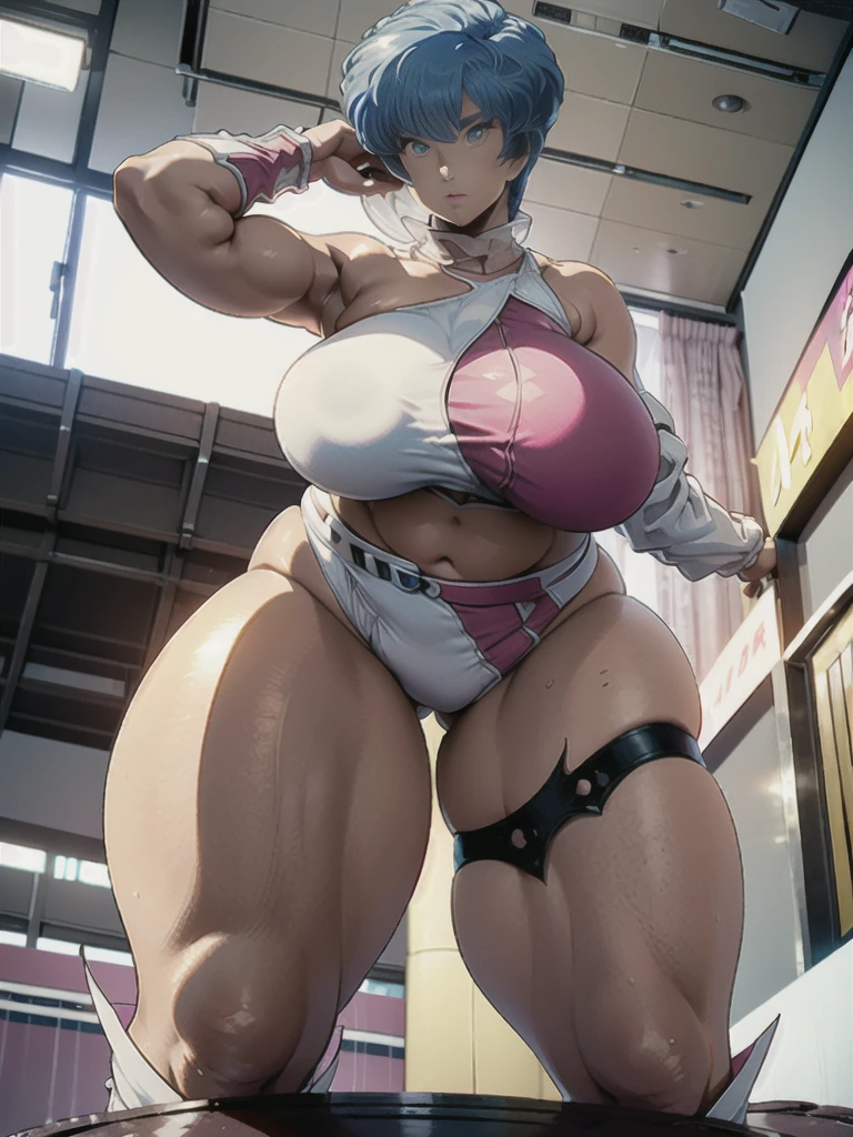 (((​master piece, Pixels are perfect, superfine illustration, top-quality, ​masterpiece, The ultra -The high-definition, Top resolution))), ((1womanl:1.5, solo women:1.5)), (Woman with beautiful anime face:1.3), (very detailed face and eyes:1.2), Looking down:1.5, Spread your legs:1.9, (Standing:1.11), [[Semi-squat position]], (bulge in the crotch area), ((a matural female:1.1)), (huge-breasted:1.4), (bbw:1.3), Curvaceous physique, (White and pink bikini, See-through boots, Aoi), (Low Cut Shorts:1.3), One Shoulder Bikini, Slim white waist belt, short-cut, Light blue hair:1.5, 8 0 s anime art style, Crotch, (From below:1.9), ((flat lighting:1.5, inside in room)),
