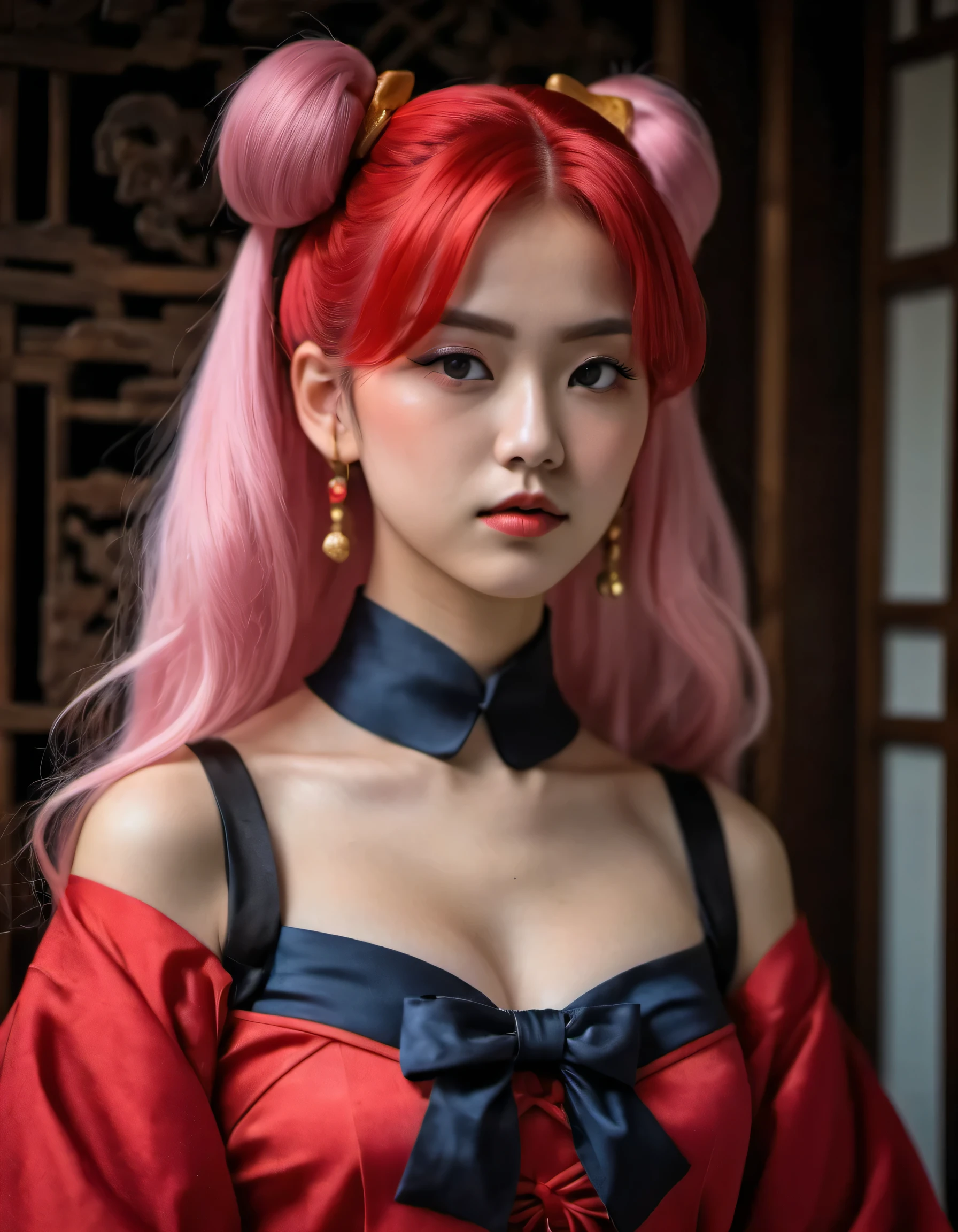 Beautiful young woman dressed in Japanese noh theater Sailor Moon with pink hair 8k photo , beautiful Pacific necklace from the Edo period , estilo ford hallam , Shibuichi , shakudō , sentoku , altamente detalhado , art station , arte conceitual , sharp focus 1 beautiful devil woman from hell, no escuro: 1.6), retrato feminino surreal de David Hockney e Alphonse Mucha, arte realista, Boneca chinesa super fofa, Rostinho fofo,fotorrealismo, dynamic lighting, art station, volumetric lighting, rostos muito detalhados, queixo redondo, 8k ultra, Premiado, no escuro, sombra profunda, sutil, lente de vaqueiro, (Red phoenix dress: 1.4), cabelo longo, cabelo preto, busto, luxurious palace, Estilo real, coroa do diabo, red eyes make up very sharp and detailed, O rosto mais lindo, The breasts are very large and round and round, super realista, roupas femininas chinesas, gola polo sweater, Sorriso charmoso, The eyes are very well done, bolsas nos olhos sob maquiagem molhada, Guweiz, estilo do diabo, usando meias de malha preta, Ponytail with a bow tied at the back of the hair, batom vermelho, vestindo um manto fino vermelho e preto, Hands tug at the straps to reveal sexy breasts, the landscape is cloudy and thunderous, (retrato da parte superior do corpo), Close do personagem principal, (Detalhes do plano de fundo 1.8),HDR, Ultra HD, Qualidade 8k, pixel detalhado,