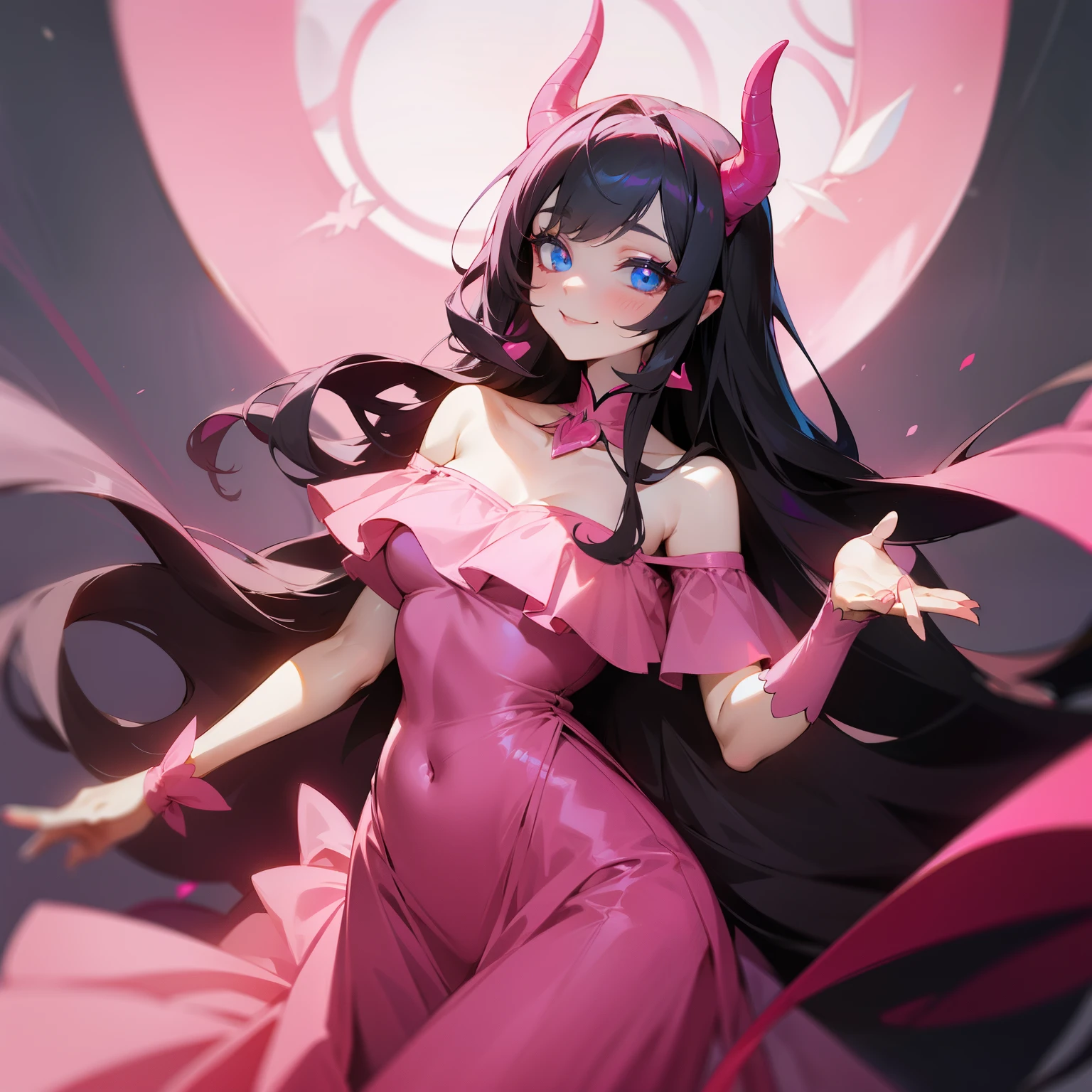 seductive lady wearing pink dress, devil horns, pink color scheme, long black hair, blue eyes, cute, kawaii, smile