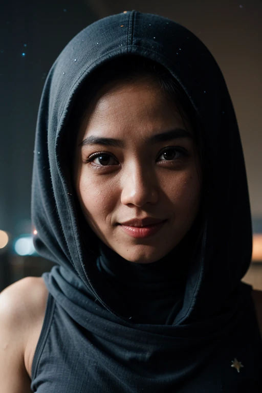 Craft a celestial-themed portrait of a Malay girl in hijab, (smile:1), Illuminate the hijab with stars and galaxies, blending the earthly with the cosmic in a mesmerizing and ethereal composition, 8mm, Close-up shot, cool-toned color grading, depth of field, film noir