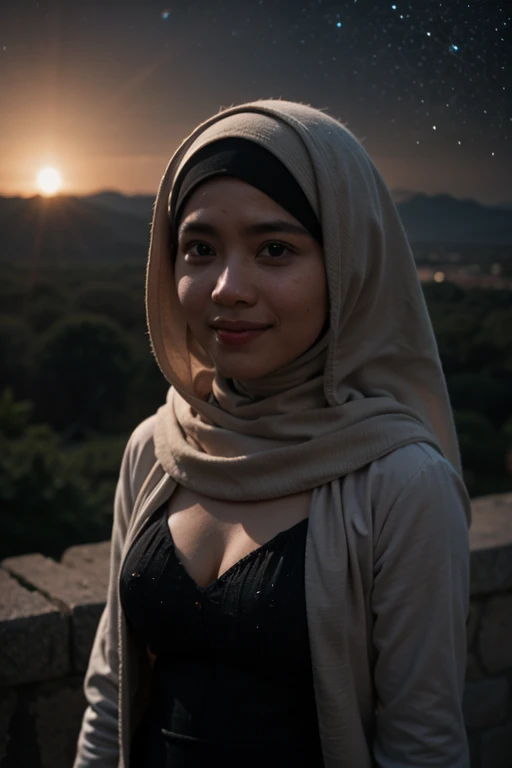 Craft a celestial-themed portrait of a Malay girl in hijab, (smile:1), Illuminate the hijab with stars and galaxies, blending the earthly with the cosmic in a mesmerizing and ethereal composition, 8mm, Close-up shot, cool-toned color grading, depth of field, film noir