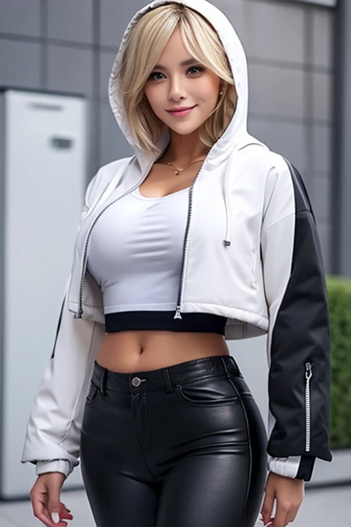 1girl, hood, jacket, hooded jacket, hood on, hood up, blonde hair, large breasts, breasts, wide hips, thick thighs, hourglass figure, white jacket, black shirt, shirt, very short hair, pants, black pants, smile, toned, toned female, urban, mature female, tall, tall female, tomboy, cropped jacket, ((cropped jacket))