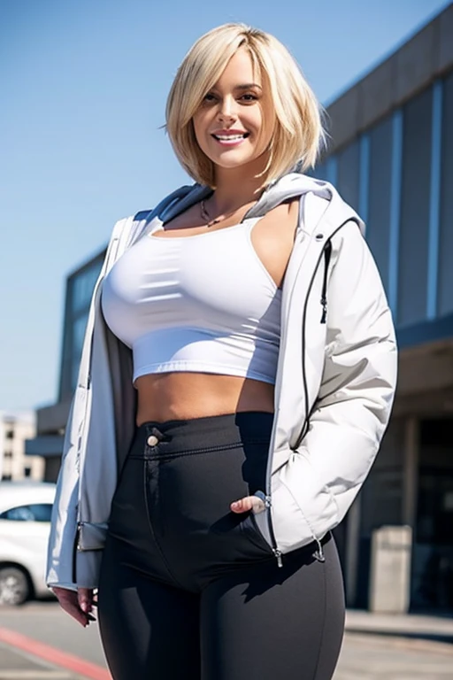 1girl, hood, jacket, hooded jacket, hood on, hood up, blonde hair, large breasts, breasts, wide hips, thick thighs, hourglass figure, white jacket, black shirt, shirt, very short hair, pants, black pants, smile, toned, toned female, urban, mature female, tall, tall female, tomboy, cropped jacket, ((cropped jacket))