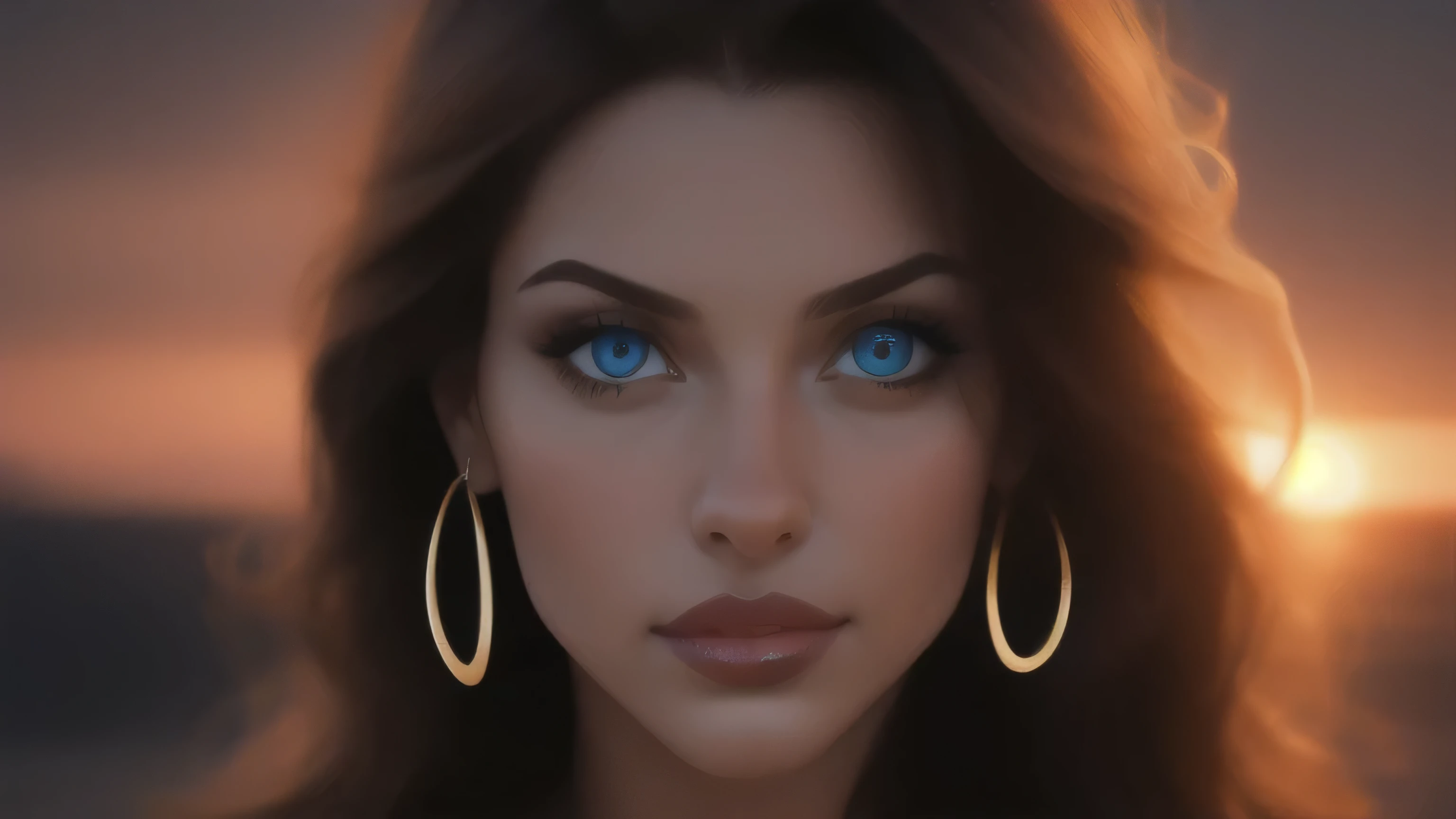 realistic photo, arafed image of a woman with long hair and big earrings, soft portrait shot 8 k, photorealistic beautiful face, cinematic beautiful natural skin, beautiful photorealistic imagery, ultra realistic digital painting, natural skin tone 4k textures, photorealistic digital painting, perfect photorealistic eyes, realistic face moody lighting, close up portrait shot, portrait. 8 k high definition, a realistic photo depicting the portrait of a 24-year-old Spanish woman, embodying the essence of a Southern Mediterranean goddess. Her eyes should be captivating, deep brown, and mesmerizing. Her skin should have a fair but sun-kissed tone, reminiscent of the gentle Mediterranean warmth. She should have long, flowing brown hair, wavy and luxurious, adorned with golden highlights that add shimmer to her locks. Her facial expression should radiate luminance, magnificence, and seduction, endowing her with an irresistible allure. Her face could be illuminated by the golden hues of a sunset, against the backdrop of the southern Spanish coastline. The image should be a masterpiece, of the highest quality, with a photorealistic rendering (1.4), showcasing cinematic lighting, coherent light, consistent shadows, depth of field, and ultra-high resolution. It should focus on one girl with detailed eyes, detailed skin, and realistic hair. She can be depicted wearing makeup, including lipstick and jewelry, perhaps outdoors, and dressed in a gown or leather jacket.
