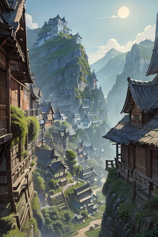 big fantasy town up on the mountain, thatched roofs, early medieval, overpopulated town on a rocky cliff, tightly packed houses, narrow passages, tight spaces, clustered settlement, (((by Hayao Miyazaki)))
