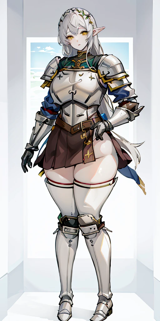 masterpiece, best quality, high quality, 1solo white SKIN elf, long hair, white hair, yellow eyes, full body, def_effie, blue breastplate, looking at viewer, shiny,armor, thighhighs, high boots,shoulder armor, faulds, poleyn, gloves, gauntlets