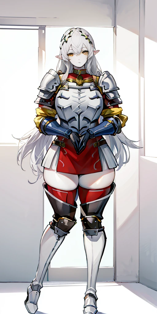 masterpiece, best quality, high quality, 1solo white SKIN elf, long hair, white hair, yellow eyes, full body, def_effie, blue breastplate, looking at viewer, shiny,armor, thighhighs, high boots,shoulder armor, faulds, poleyn, gloves, gauntlets