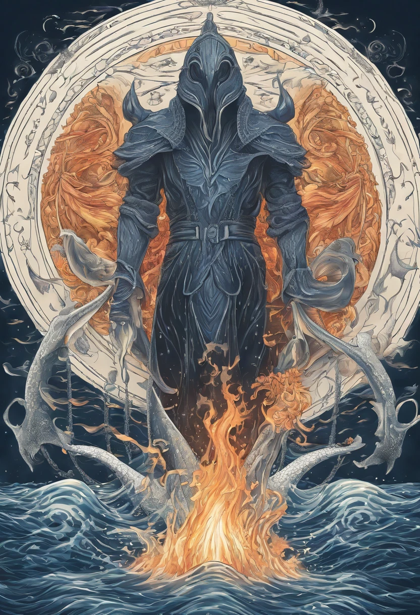 A faceless deity in the shape of a man and manta ray with an aura of flames