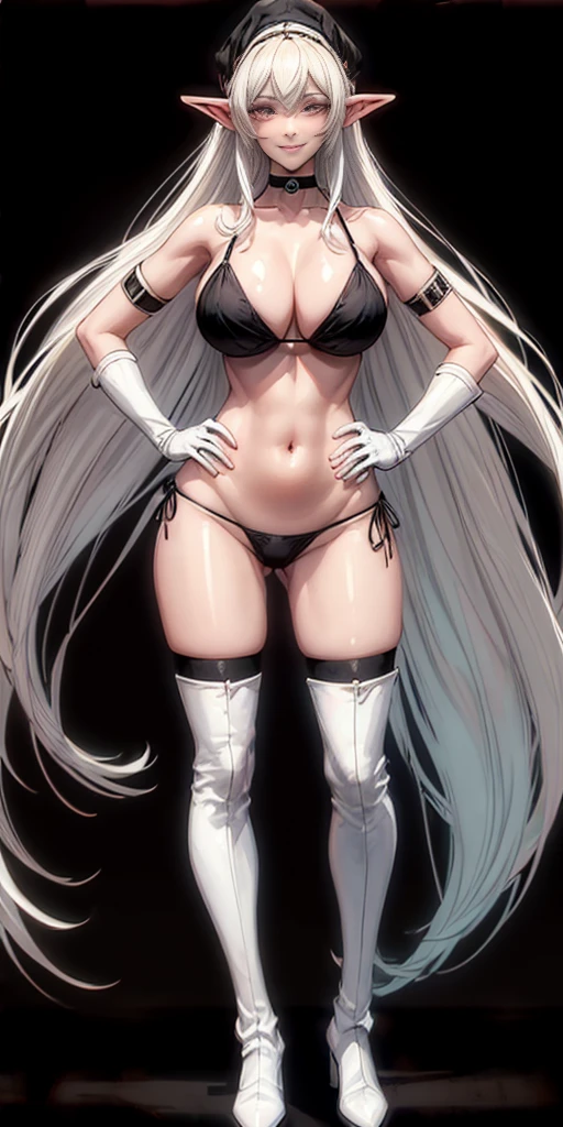 ((BLACK BACKGROUND1:2)) masterpiece, best quality, high quality, 1solo white SKIN elf, long hair, white hair, white eyes, full body, black bikini, looking at viewer, shiny, black thighhighs, high boots,shoulder armor, faulds, poleyn, gloves, gauntlets, FEET TOGETHER STANDING SYMMETRICAL, female elf big knockers cleavage bikini, black headwear, black choker collar, lustful smirking smile face red blushed red cheeks, smile, hands on hips