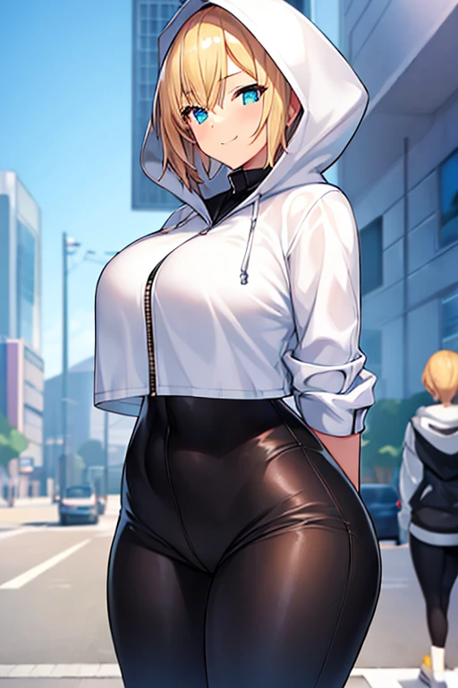 1girl, hood, jacket, hooded jacket, hood on, hood up, blonde hair, large breasts, breasts, wide hips, thick thighs, hourglass figure, white jacket, black shirt, shirt, very short hair, pants, black pants, smile, toned, toned female, urban, mature female, tall, tall female, tomboy, cropped jacket, ((cropped jacket))