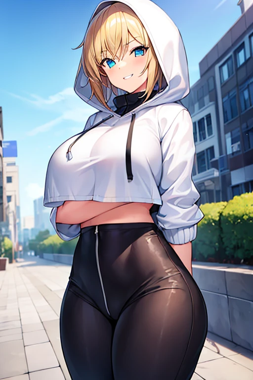 1girl, hood, jacket, hooded jacket, hood on, hood up, blonde hair, large breasts, breasts, wide hips, thick thighs, hourglass figure, white jacket, black shirt, shirt, very short hair, pants, black pants, smile, toned, toned female, urban, mature female, tall, tall female, tomboy, cropped jacket, ((cropped jacket))