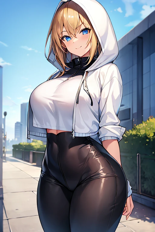 1girl, hood, jacket, hooded jacket, hood on, hood up, blonde hair, large breasts, breasts, wide hips, thick thighs, hourglass figure, white jacket, black shirt, shirt, very short hair, pants, black pants, smile, toned, toned female, urban, mature female, tall, tall female, tomboy, cropped jacket, ((cropped jacket))