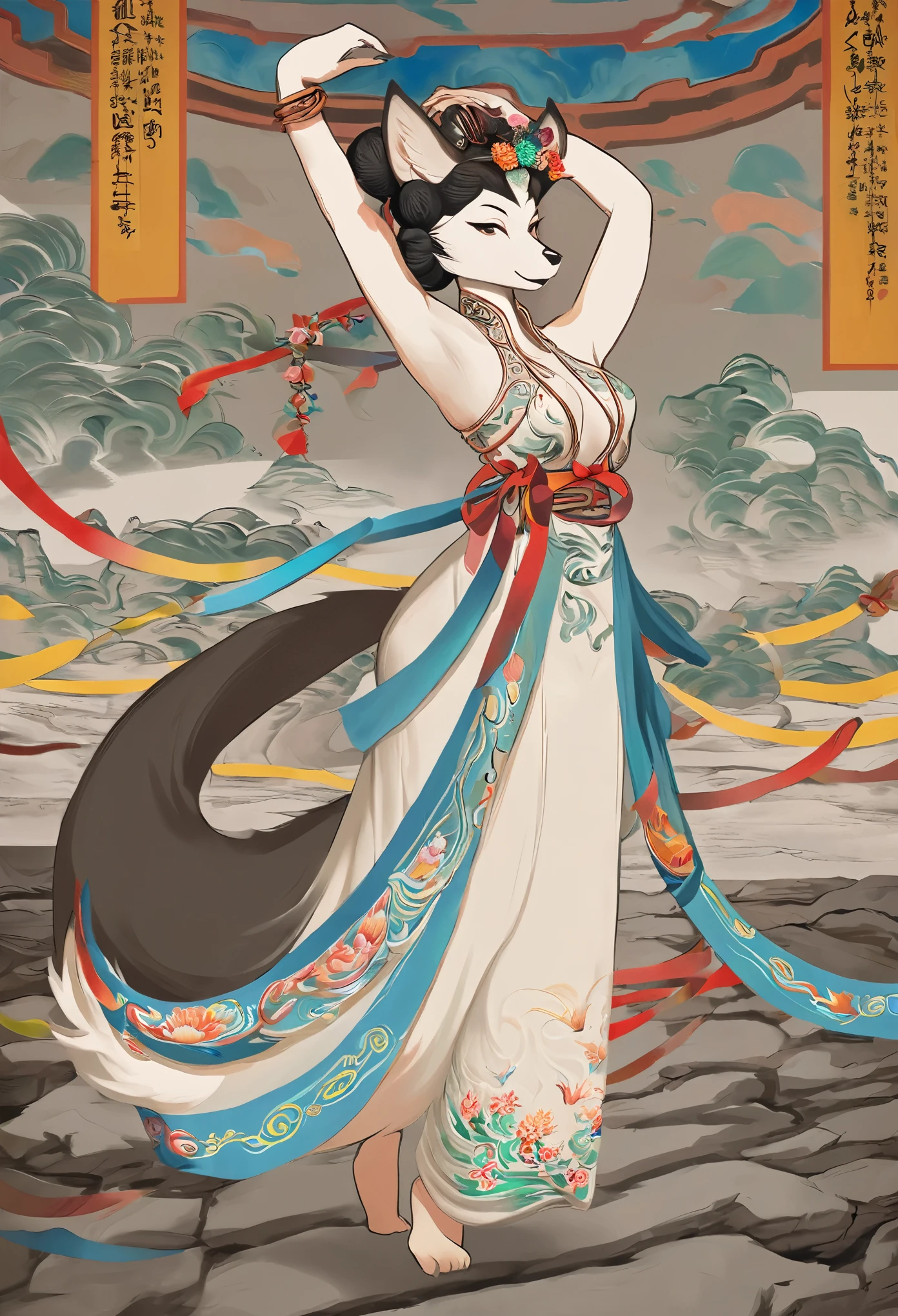 top quality, ancient Chinese beauty, absurdres, perfect anatomy, beast woman, solo focus, furry anthro, Furry body, fox facial features, fox body features, very detailed body fur, full body, dancing pose, gorgeous dress embroidered with intricate embroidery, transparent colorful ribbons tied around her arms, bare shoulders, open neck, wreath, black bun with flower hairpins Belts, armbands with streamers, necklaces, bracelets, anklets, metal chain tassels around the waist, Mogao Grottoes art, inspiration from Dunhuang Flying Apsaras murals, ink wash,