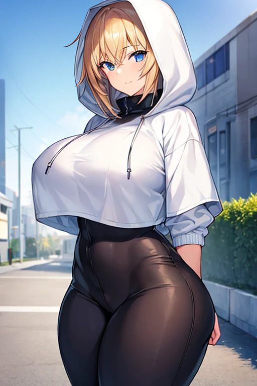 1girl, hood, jacket, hooded jacket, hood on, hood up, blonde hair, large breasts, breasts, wide hips, thick thighs, hourglass figure, white jacket, black shirt, shirt, very short hair, pants, black pants, smile, toned, toned female, urban, mature female, tall, tall female, tomboy, cropped jacket, ((cropped jacket))