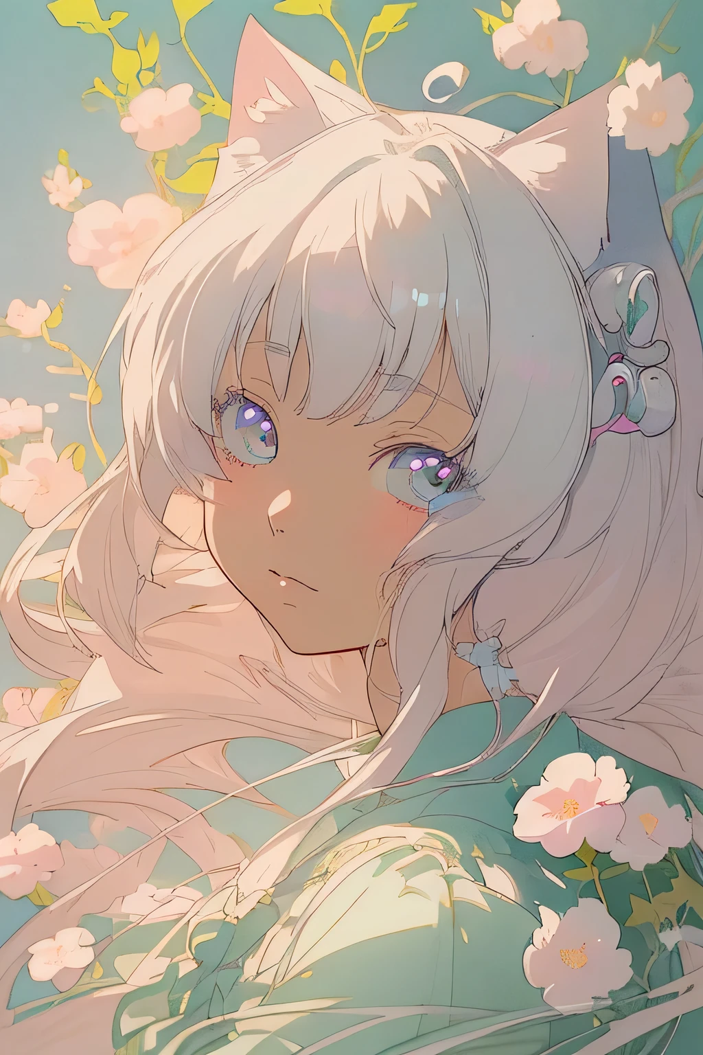 Close up portrait of a person in a dress with flowers, fantastic anime, beautiful anime art, beautiful anime artwork, detailed anime artワーク, detailed anime art, Clean and meticulous anime art, in a dress, beautiful fantasy anime, Detailed anime original drawing, anime illustration, beautiful anime, pixiv style, white cat girl, white anime barbie, anime fantasy illustration
