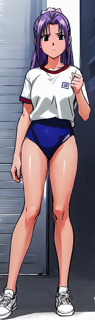 Momoko Koigakubo, a tall girl with beautiful legs, is wearing white gym clothes and light navy blue bloomers that look like panties. She stands there with her legs spread to the sides and her mouth open, with a stunned expression on her face.。Doing Comanechi pose。blush。