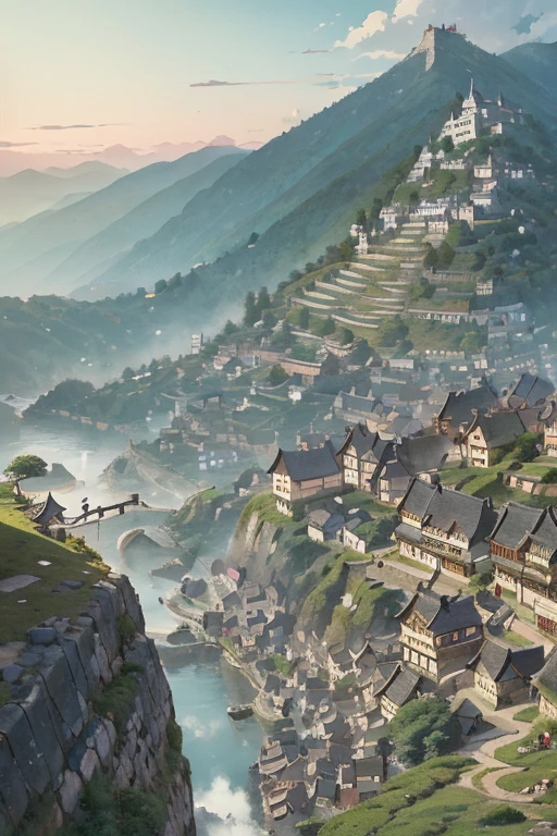 big fantasy town up on the mountain, thatched roofs, early medieval, overpopulated town on a rocky cliff, tightly packed houses, narrow passages, tight spaces, clustered settlement, (((by Hayao Miyazaki)))