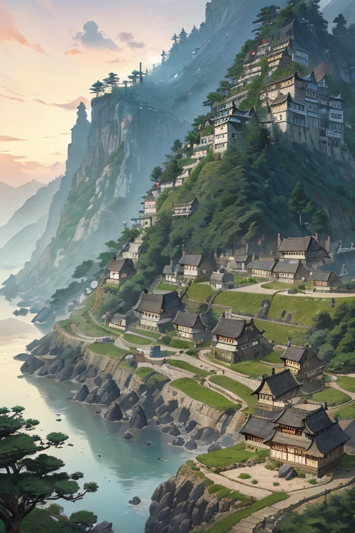 big fantasy town up on the mountain, thatched roofs, early medieval, overpopulated town on a rocky cliff, tightly packed houses, narrow passages, tight spaces, clustered settlement, (((by Hayao Miyazaki)))