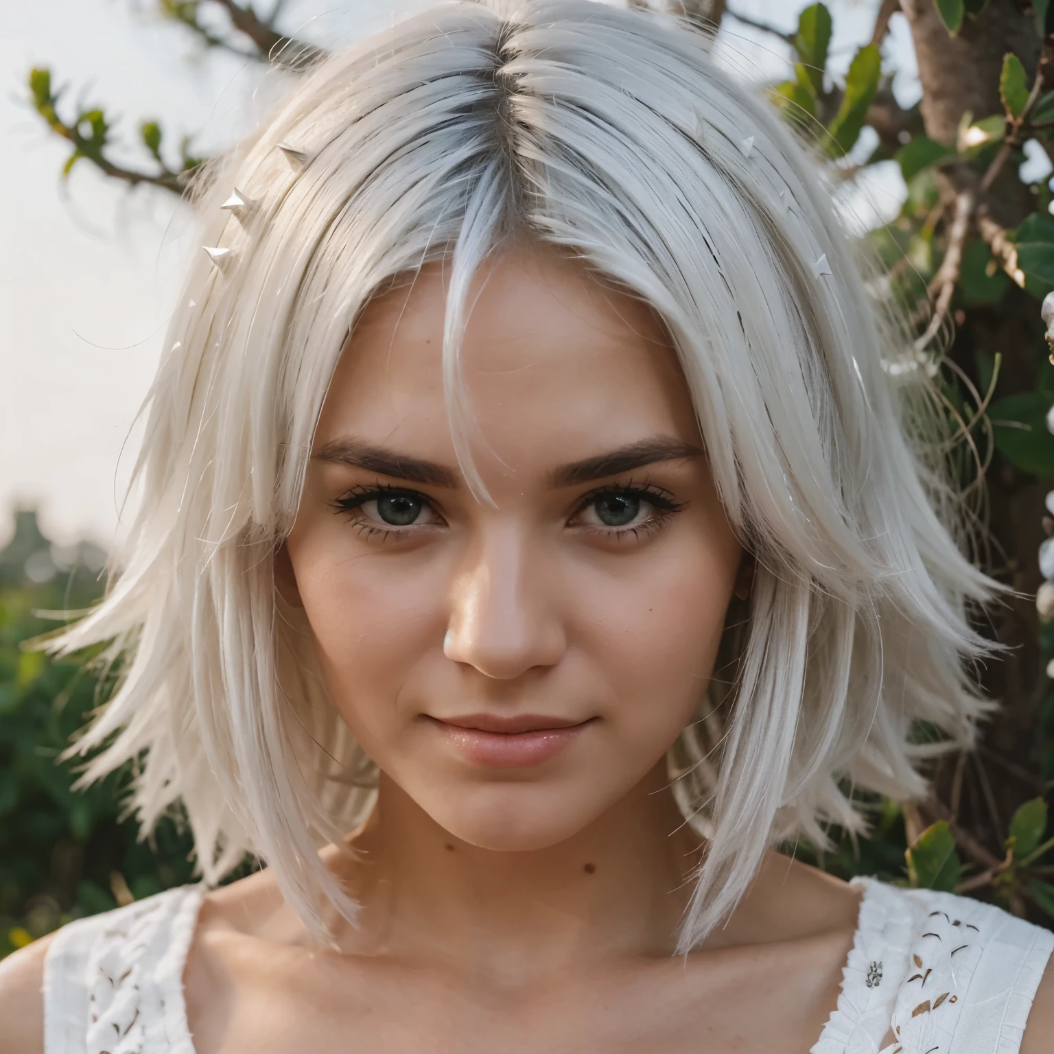 White hair woman, sqatting in front of camera, out, sweating, smiling, red face