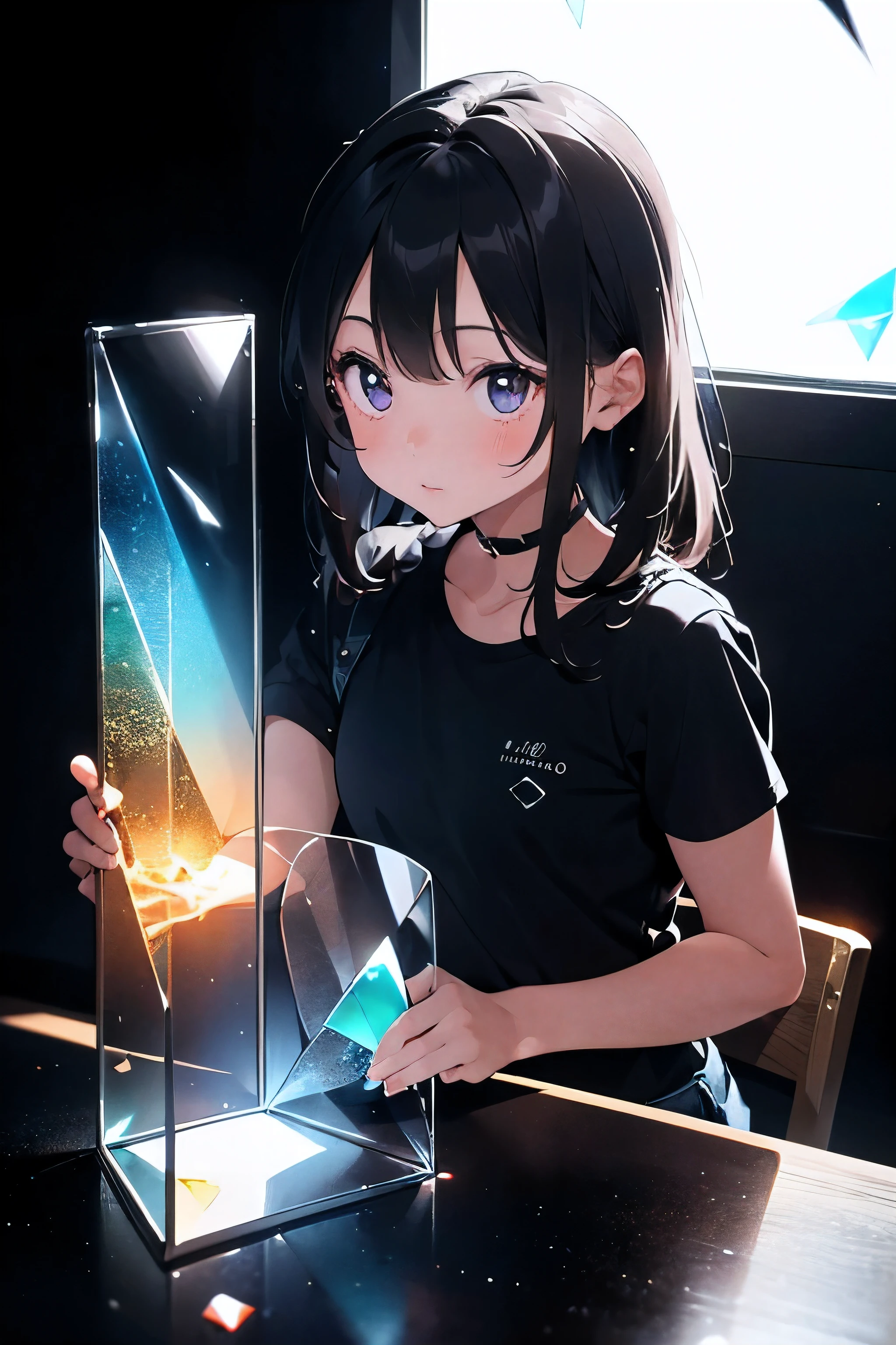 1 girl, ((inside a tiny glass prism)), short sleeve, big thighs, perfect body, sharp focus, focus on face, big eyes, magical vibe, (completely black background), full body, whole prism on image, magical vibe, imqge taken from afar